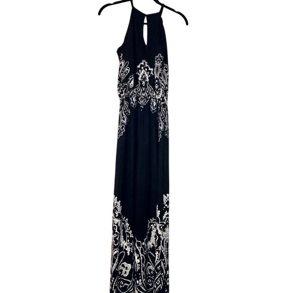 Soho Chic Keyhole Halter Paisley Sleeveless Black White Maxi Jumpsuit Size Small - Picture 3 of 3